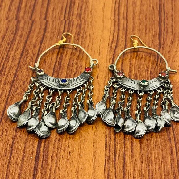 Vintage Silver Kuchi Earrings With Long Tassels, Tribal Earrings, Kuchi Boho - Picture 5 of 10